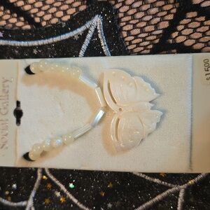 Vtg 90s New Carved Butterfly With Beads Fish Line Necklace